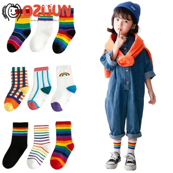 Новые модные детские носки в 3 упаковке, осенне-зимние повседневные носки в радужную полоску для мальчиков и девочек, студенческие детские носки в цветную полоску