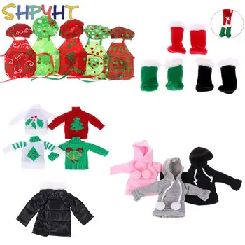 Рождественские Зимние ботинки для куклы-эльфа, толстые носки, Поварская шапка, костюм, толстовки, свитер, Черный пуховик для кукольной одежды