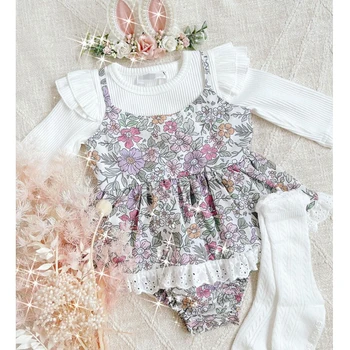 FOCUSNORM/ Комплекты одежды для маленьких девочек из 3 предметов, футболка с длинными рукавами в рубчик и рюшами + комбинезон с цветочным принтом + повязка на голову, 0-18 месяцев