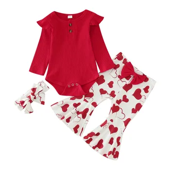 Комплект одежды на День Святого Валентина, комбинезон с длинными рукавами для девочек, боди в рубчик, расклешенные брюки с принтом в виде сердечек, наряды для рыбалки ropa para niñas