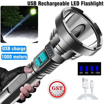 Светодиодный фонарик, перезаряжаемый через USB, мощный походный бытовой водонепроницаемый фонарь дальнего действия на открытом воздухе с дисплеем мощности вспышки