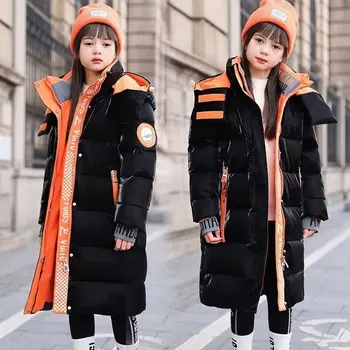 Зимняя куртка для мальчиков и девочек, корейский длинный пуховик, черное утолщенное пальто с капюшоном, большая детская куртка для детей 2023 года Выпуска, новинка