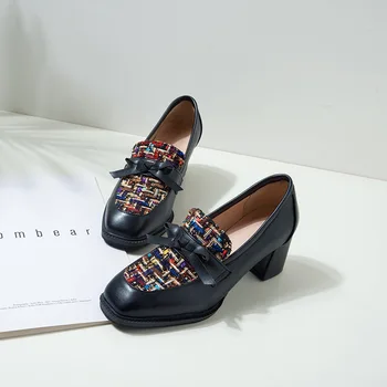 Шикарные туфли-лодочки в стиле пэчворк с решетками, женские лоферы с бантом, женские туфли на высоком квадратном каблуке с квадратным носком, 2021, большие размеры 34-43
