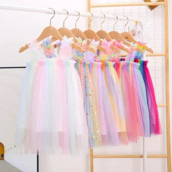 2023 Летние новые радужные платья для девочек, детское сетчатое платье принцессы на слинге, Сказочное пушистое платье для девочек на день рождения, тюль