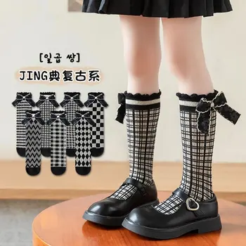 Детские классические носки ins в стиле ретро без каблука, хлопковые носки в клетку для девочек с бантом, детские носки