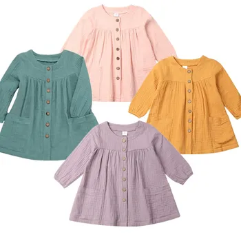 Новое однотонное платье 4 цветов для маленьких девочек, хлопковая льняная футболка для малышей, осенняя одежда от 0 до 6 лет