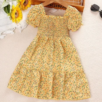 Повседневное детское платье для девочек, летнее 20230, новое желтое платье трапециевидной формы с цветочным принтом и короткими рукавами для малышей, детская одежда от 2 до 8 лет
