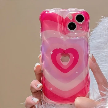 Корейский милый Розовый волнистый чехол для телефона Sweet Love Heart для iPhone 14 13 12 11 Pro Max Plus с мягким бампером, противоударный защитный чехол