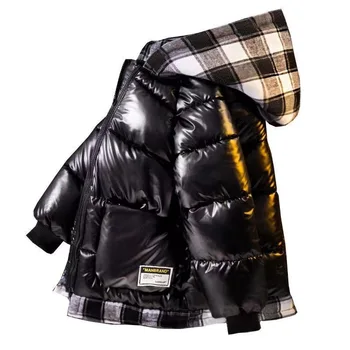 Детская зимняя куртка с хлопковой подкладкой, плотные черные глянцевые пальто для мальчиков, детский клетчатый топ с капюшоном, не требующий стирки