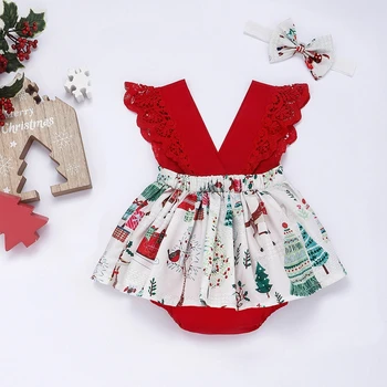 Одежда для маленьких девочек Новогодние Красные Рождественские ползунки для малышей, ползунки для маленьких мальчиков, праздничное платье с принтом Рождественского оленя, комплекты головных уборов