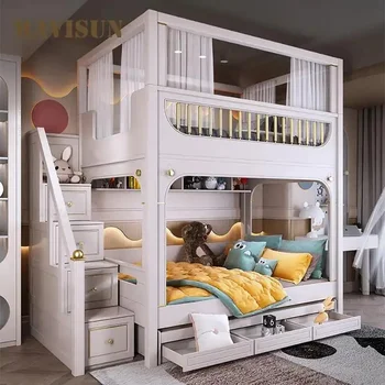 Роскошная Многофункциональная Детская Двухъярусная Кровать С Защитным Ограждением Для Детей в Возрасте От 5 До 8 Лет Мебель Для Спальни Большая Кровать Для Хранения Вещей Для Детей