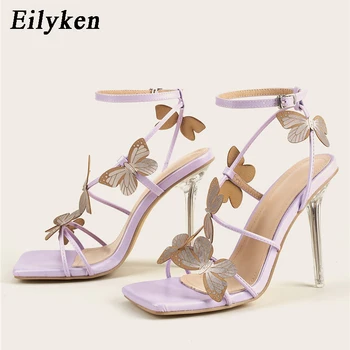 Элегантные модельные босоножки Eilyken с квадратным носком, женские модные вечерние туфли-лодочки с ремешком и пряжкой на лодыжке в виде бабочки и кристаллов на высоком каблуке
