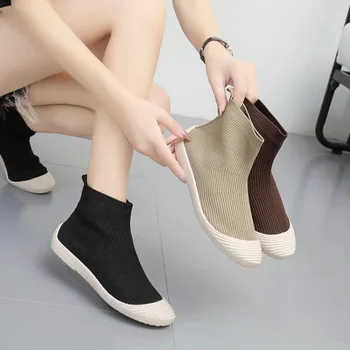 Резиновые сапоги с круглым носком, плетение, стрейчевые ботфорты, женские ботинки в стиле пэчворк, ботфорты на плоской подошве, женские ботинки без застежки с вязаным носком, 2021