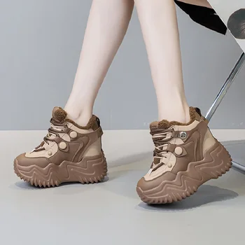 Новые зимние женские современные туфли-лодочки celebrity Slim на платформе, увеличивающей рост, из плюша внутри, сшитые крест-накрест из натуральной кожи 2312