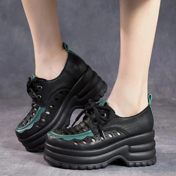 Роскошный Дизайн, Женская Обувь на массивной платформе, Летние Дышащие Туфли на танкетке, Увеличивающие рост, Обувь из натуральной кожи