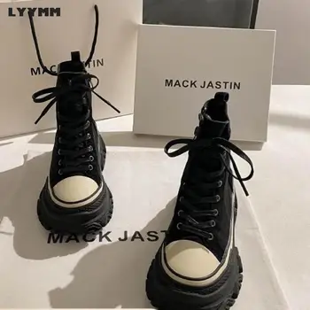 Черные парусиновые туфли LYYMM, женские рабочие ботинки в стиле ретро на толстой подошве, осень 2023, Новая мода, повседневная спортивная обувь с высоким берцем