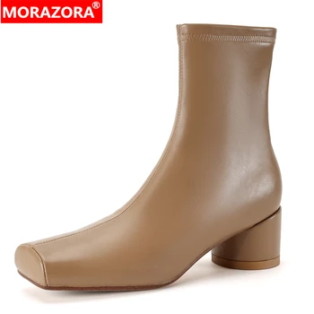 MORAZORA / 2024 Новые женские ботильоны из искусственной кожи с квадратным носком и на круглом высоком каблуке, Модные осенне-зимние женские ботинки, Обувь