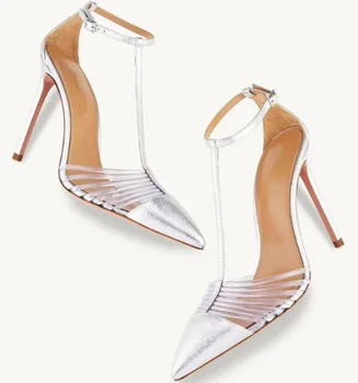 Сексуальный серебряный блеск Т-образным ремешком, высокий каблук насосы острый носок лодыжки ремень прозрачные ПВХ лоскутные туфли на высоких каблуках туфли
