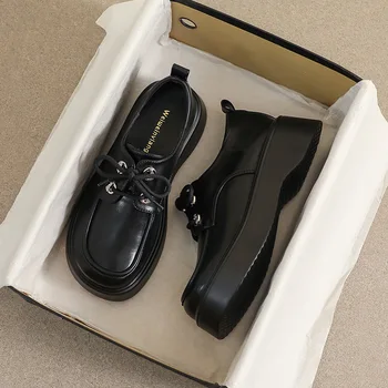 2023 весенне-осенние женские черные кожаные туфли в британском стиле на толстой подошве со шнуровкой, женские повседневные лоферы, бесплатная доставка