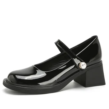 туфли в стиле лолиты с большим круглым носком, туфли-лодочки из японской кожи, женские новые дизайнерские туфли с ремешком на щиколотке и жемчужной пряжкой, модельные туфли на высоком каблуке, обувь JK