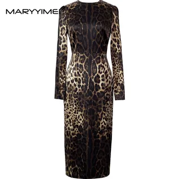 MARYYIMEI Весенне-летнее Женское Шелковое платье С длинными рукавами, сексуальное Леопардовое Облегающее платье с разрезом на бедрах