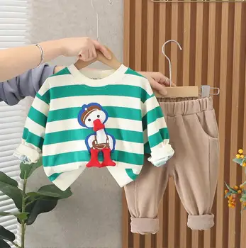 Дизайнерская толстовка для мальчиков, весенне-осенний комплект детской одежды в полоску, толстовки с длинными рукавами и рисунком утки из мультфильма, брюки, 2 предмета одежды