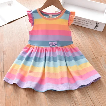Летняя детская одежда, юбка-жилет для девочек, хлопковое платье принцессы в радужную полоску от 2 до 7 лет