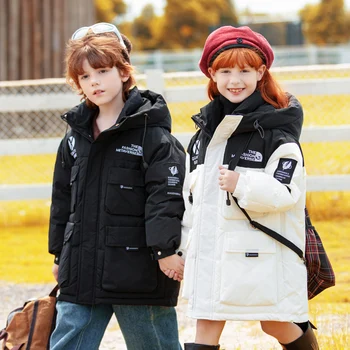 Зимняя детская ветрозащитная пуховая куртка, пальто для мальчиков и девочек, теплая куртка с капюшоном на белом утином пуху, парки, пальто с несколькими карманами, 4-15 лет