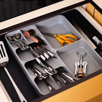 Кухонный ящик-органайзер, лоток для столового серебра, столовые приборы и гаджеты, расширяемый, серый, прочный, простой в использовании