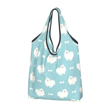 Симпатичная сумка для покупок для собак породы Белый померанский шпиц, переносная сумка для покупок для щенков шпица, сумка для покупок из бакалеи на плечо