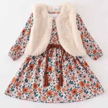 Girlymax Осень-зима Для маленьких девочек, детская одежда, платье с цветочным рисунком, 2 предмета, меховая безрукавка, длина до колен, закручивающаяся,