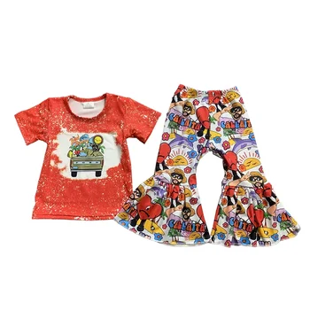 оптовая продажа летней детской футболки с расклешенными штанами, комплекты из двух предметов, бутик одежды для девочек с мультяшным принтом 