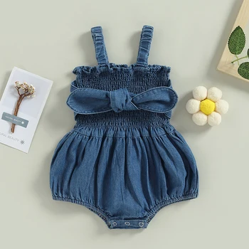 0-24 м Джинсовый комбинезон для маленьких девочек, летняя одежда для новорожденных, однотонный боди-слинг без рукавов с бантом, комбинезоны