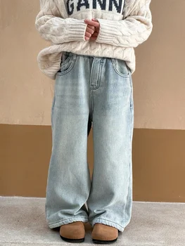 Брюки для девочек плюс флисовые джинсы с прямыми штанинами, новинка 2023 года, детские Зимние Свободные Модные повседневные детские брюки большого размера в корейском стиле