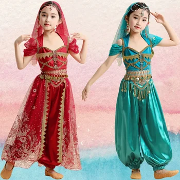 Детский костюм принцессы для танца живота в Индии, костюм для выступления в индийском танцевальном сари для девочек