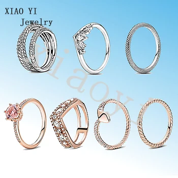 XIAOYI 2020New S925 Осенний логотип, перекрывающий полую корону, кольцо в виде змеи, розовые обручальные кольца для влюбленных подходят для пар