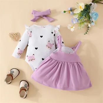 Комплект одежды из 3 предметов для маленькой девочки, комбинезон с оборками на шее и лисьим принтом, юбка на подтяжках, повязка на голову, комплект