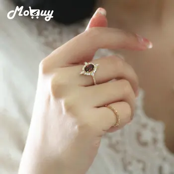 MoBuy Роскошные винтажные кольца с натуральным гранатом для женщин, кольцо с драгоценным камнем из стерлингового серебра 925 пробы, позолоченное Обручальное кольцо RI182
