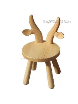 Прочный деревянный табурет для домашнего использования, Спинка с мультяшным Оленем, Обучающая сетка для животных, Красный Милый Детский стол и стул, круглый табурет