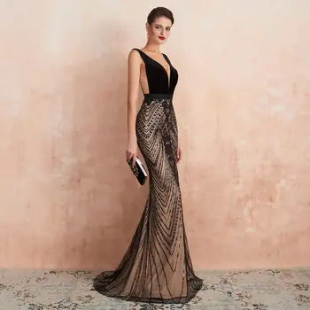 2020 Вечерние платья из черного золота, сексуальный глубокий V-образный вырез, длина до пола, Русалка, элегантное платье для выпускного вечера, платья для вечеринок
