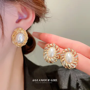 Or véritable plaqué argent aiguilles serties de diamants ovale perles boucles d’oreilles premium sense earwear Free shipping