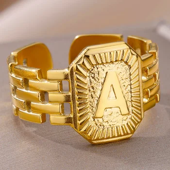 Начальные кольца для женских ювелирных аксессуаров из нержавеющей стали, покрытых 18-каратным золотом, с модным тиснением из 26 букв A-Z, Открытое кольцо для пары