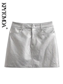 KPYTOMOA, женская модная мини-юбка из искусственной кожи серебристого цвета, винтажные женские юбки с высокой талией и застежкой-молнией, Mujer
