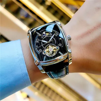 Механические часы с турбийоном и скелетоном, фаза Луны, светящиеся стрелки, автоматические часы для мужчин, роскошные наручные часы с ремешком из натуральной кожи.