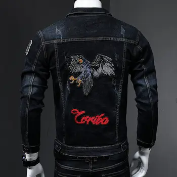 2023 Новая мужская джинсовая куртка с черной вышивкой и модным орлом, ветровка с длинным рукавом, весенне-осеннее джинсовое пальто в Корейском стиле