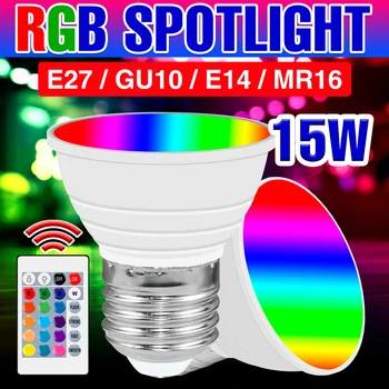 GU10 RGB Лампа 110V Light 220V Светодиодная Лампа E27 Spotlight E14 Цветная Ампула 15 Вт Круглая Лампа MR16 Bombilla Indoor Smart Control Light