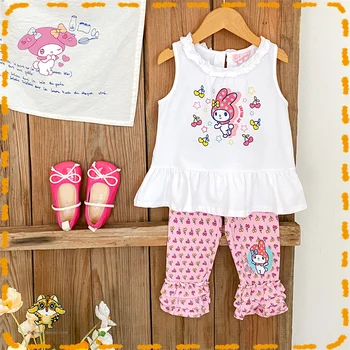 Sanrio/ Комплекты из 2 предметов, майка без рукавов для девочек Melody Kawaii, футболка, розовые кружевные штаны, милая детская летняя одежда с героями мультфильмов.