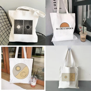 Женская парусиновая школьная сумка Sun Moon, Хлопчатобумажная сумка через плечо, экологичная, многоразовая, для покупок в продуктовых магазинах 