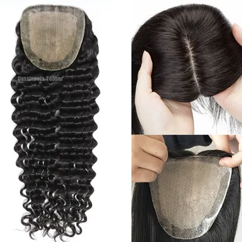 2023 Новый Дышащий Топпер На Основе Натуральной Кожи 15x16cm 2cm PU Вокруг Натуральных Человеческих Волос Вьющийся Топпер для Женщин с Редеющими Волосами