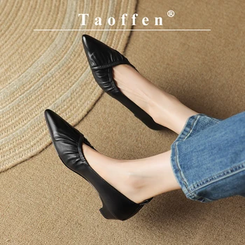 Повседневные женские туфли-лодочки Taoffen из натуральной кожи со складками, острый носок, высокий каблук, модные мягкие однотонные офисные туфли без застежки на низком каблуке